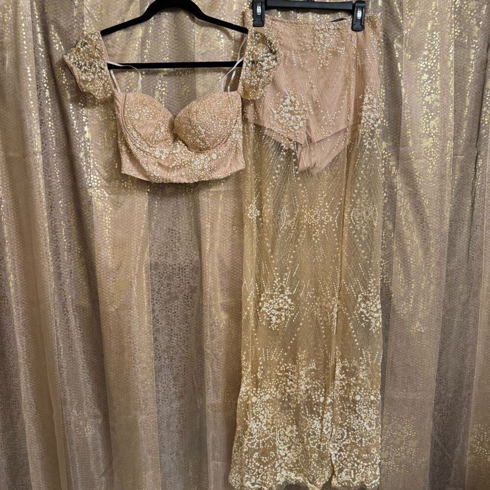 BLITHE Skirt Shorts Top Set Nude Sparkly Gold Glittery Mesh Girly Outfit XS/S